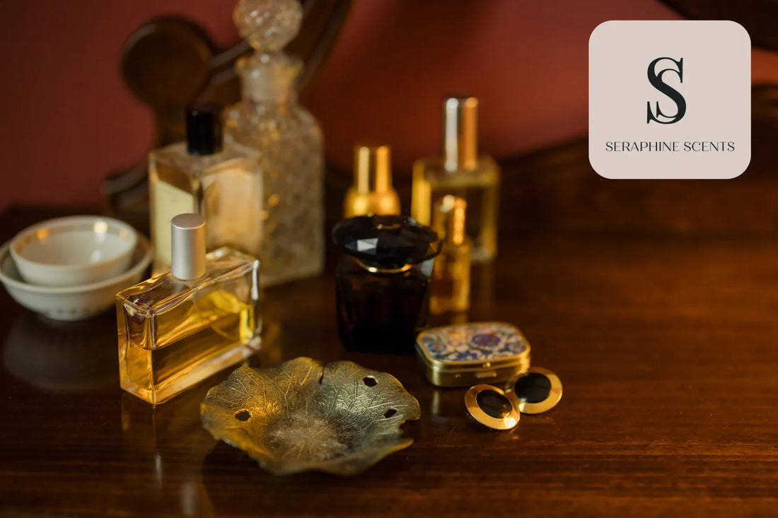 Luxury perfume bottles on a wooden table with Seraphine Scents branding