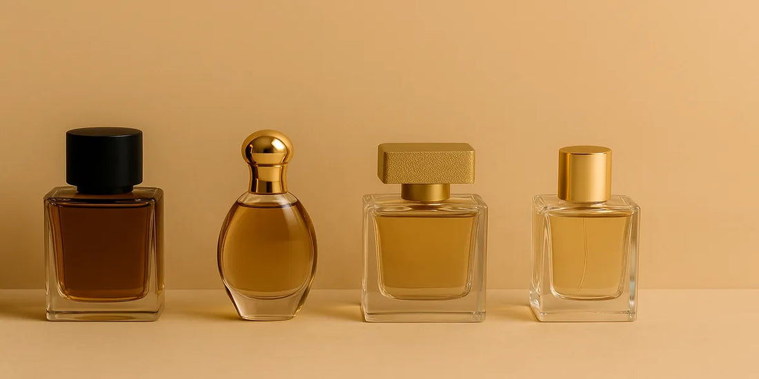 luxury designer perfumes arranged on a beige surface, showcasing top fragrance trends in Singapore for 2024.