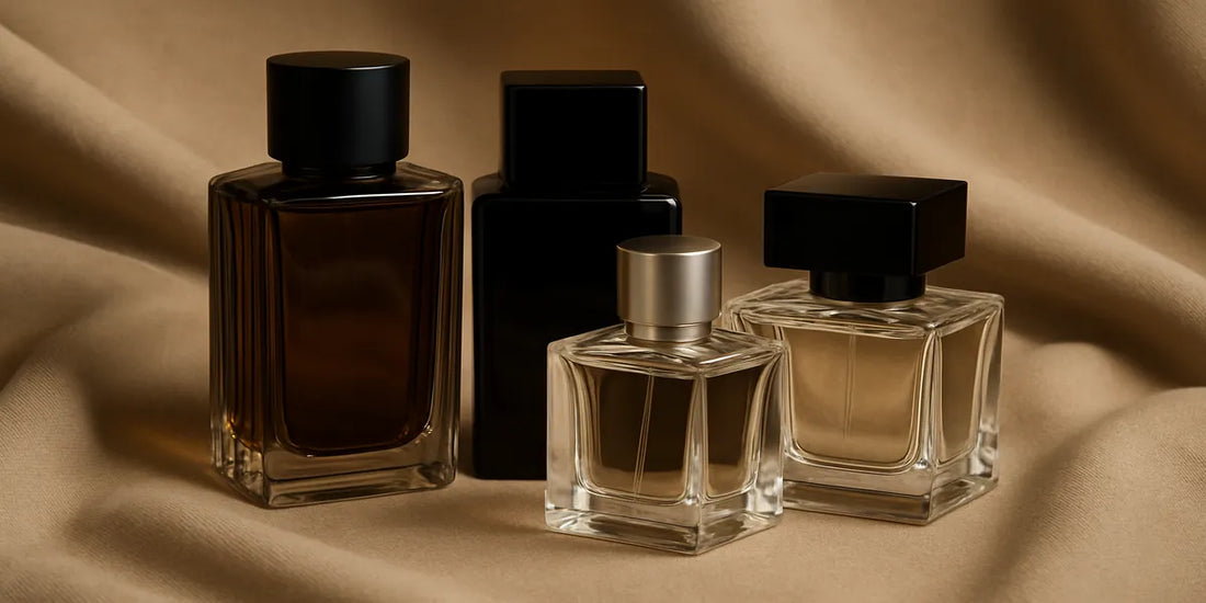 Four luxury men’s perfume bottles in elegant glass designs displayed on beige fabric, showcasing timeless and masculine style for blog image