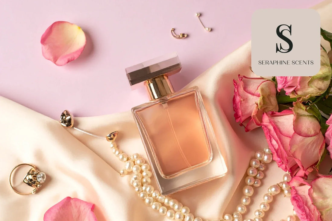 Miss Dior Absolutely Blooming perfume bottle with pink roses, pearls, and elegant silk background – Seraphine Scents Singapore