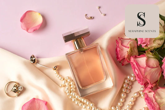 Miss Dior Absolutely Blooming perfume bottle with pink roses, pearls, and elegant silk background – Seraphine Scents Singapore