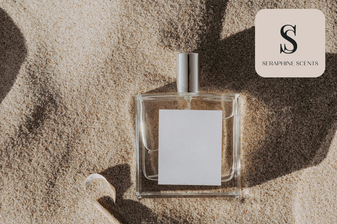 Miss Dior Perfume Singapore – Elegant glass perfume bottle on sandy background by Seraphine Scents