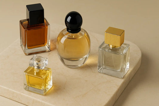 Four niche perfume bottles on a marble beige surface with gold and black accents, showcasing artisanal fragrances for Singapore shoppers.