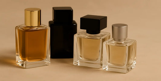 Four elegant perfume bottles—arranged on a beige surface with soft lighting, representing ideal office scents for Singapore professionals.