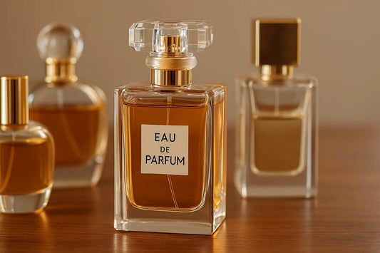 A high-resolution image of four elegant perfume bottles arranged on a light surface with a soft neutral background, captured in natural lighting.