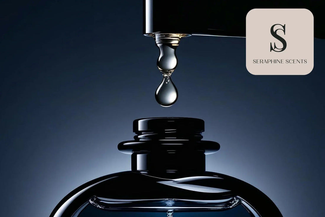 Elegant perfume bottle with liquid drop symbolizing luxury fragrance gift guide by Seraphine Scents Singapore
