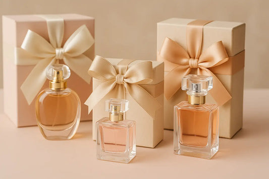 A digital photograph features three perfume gift boxes arranged stylishly on a table, perfect for gifting in Singapore.