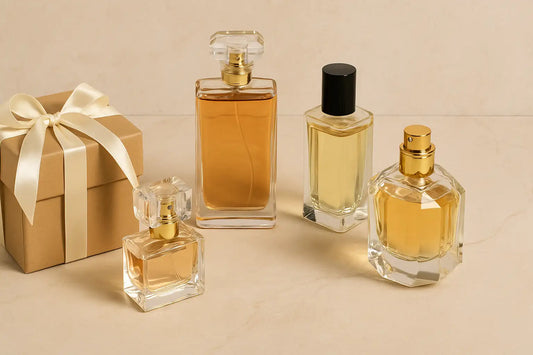 Four elegant perfume bottles and a gift box with satin ribbon on a beige marble surface, showcasing luxury perfume gift ideas for Singapore shoppers.