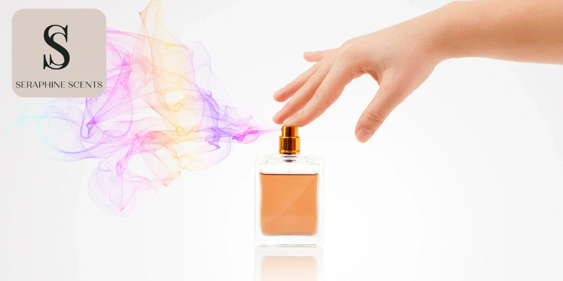 Hand spraying perfume with colorful aroma swirls and Seraphine Scents logo — blog on scent psychology and memory