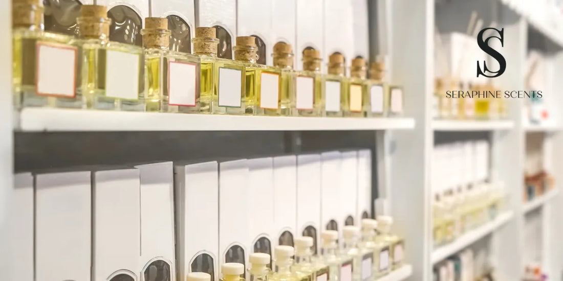 Shelves of boxed and bottled perfumes in a stylish Singapore perfume shop