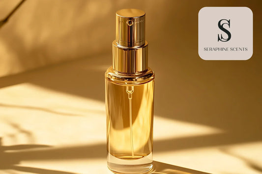 Elegant perfume bottle in warm golden light for Seraphine Scents Singapore perfume shopping guide