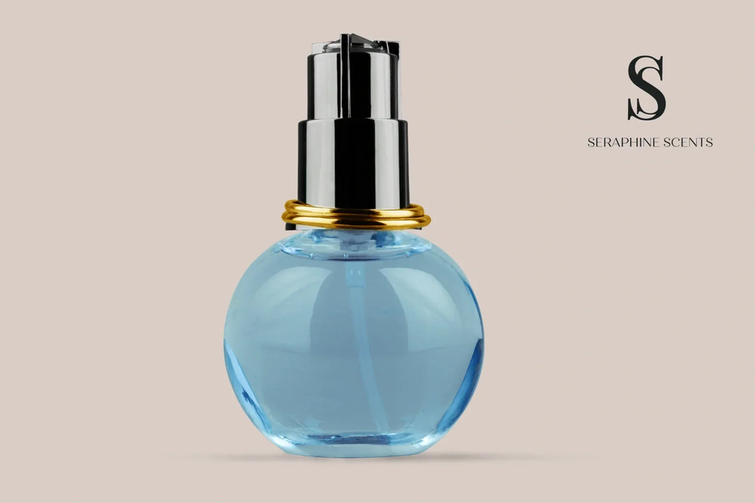 perfumes under 100 Singapore — elegant blue perfume bottle with Seraphine Scents logo on neutral background