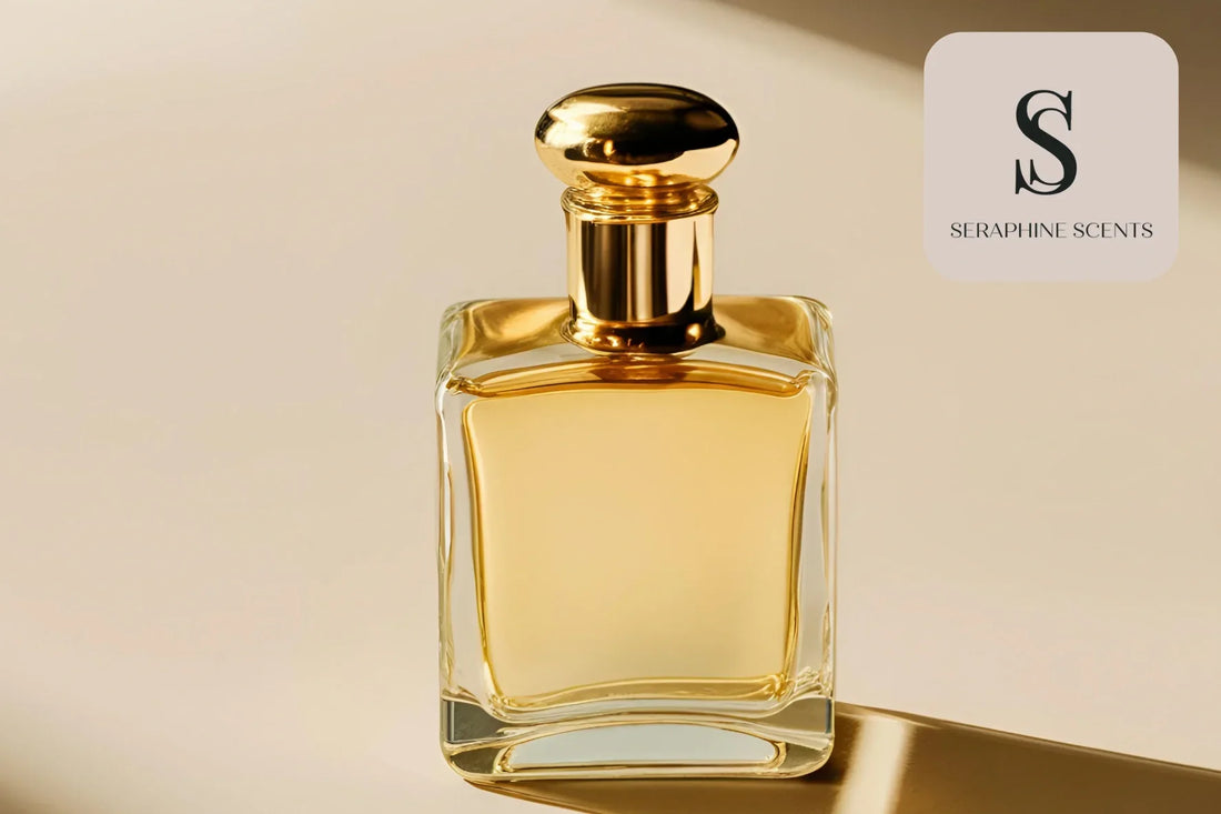 perfumes under 50 Singapore — elegant gold perfume bottle with Seraphine Scents logo on beige background