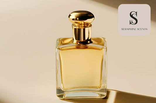 perfumes under 50 Singapore — elegant gold perfume bottle with Seraphine Scents logo on beige background