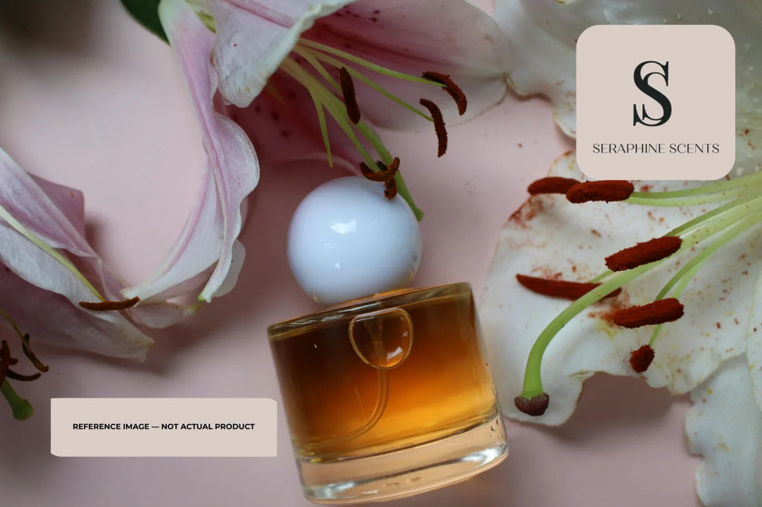 luxury floral perfume bottle with lily flowers elegant fragrance aesthetic background Singapore 