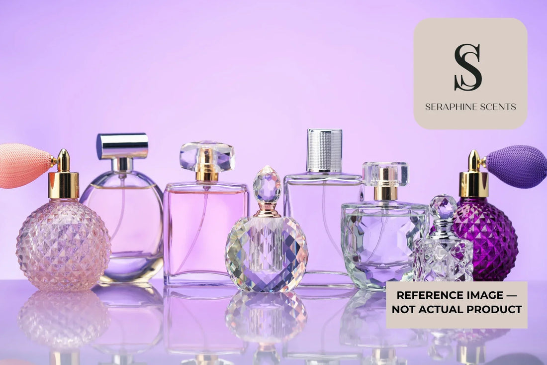 Seraphine Scents luxury perfume collection reference image featuring elegant fragrance bottles on a purple background 