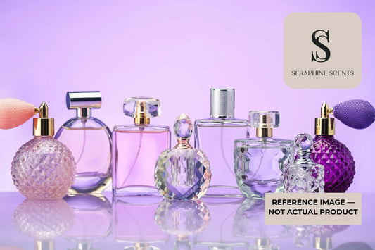 Seraphine Scents luxury perfume collection reference image featuring elegant fragrance bottles on a purple background 