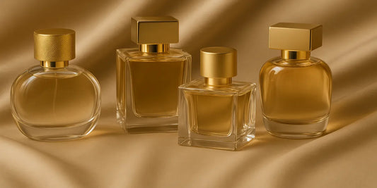 Four elegant perfume bottles on beige fabric with gold accents, reflecting luxury and authenticity — Seraphine Scents Singapore.