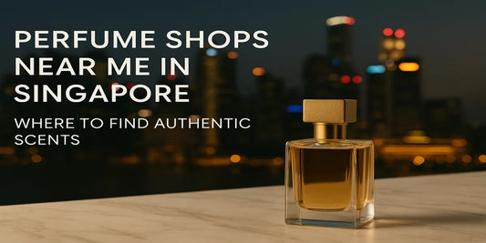 Elegant perfume bottle on marble surface with Singapore skyline in the background, promoting authentic local perfume shops.