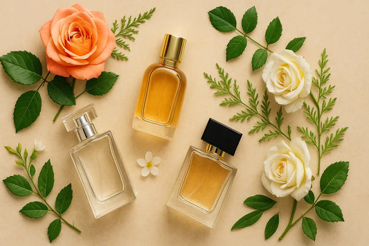 Elegant perfume bottles with fresh floral accents on a beige background