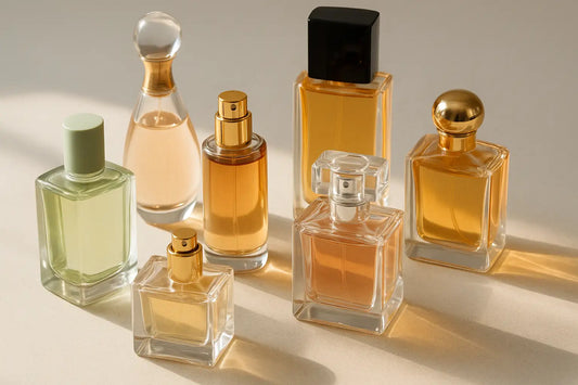 A collection of luxury perfume bottles with varying shapes and colors, displayed in natural sunlight on a light surface — perfect for a Singapore perfume guide.