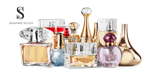 A collection of elegant designer perfume bottles with varying shapes and colors, showcasing premium fragrances from Seraphine Scents.