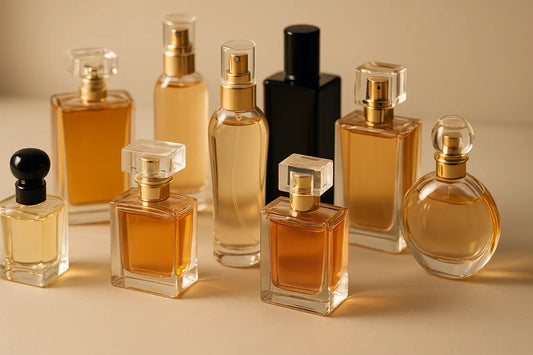 Assortment of luxury perfume bottles in warm tones on a beige surface, ideal for a guide on top perfumes in Singapore.