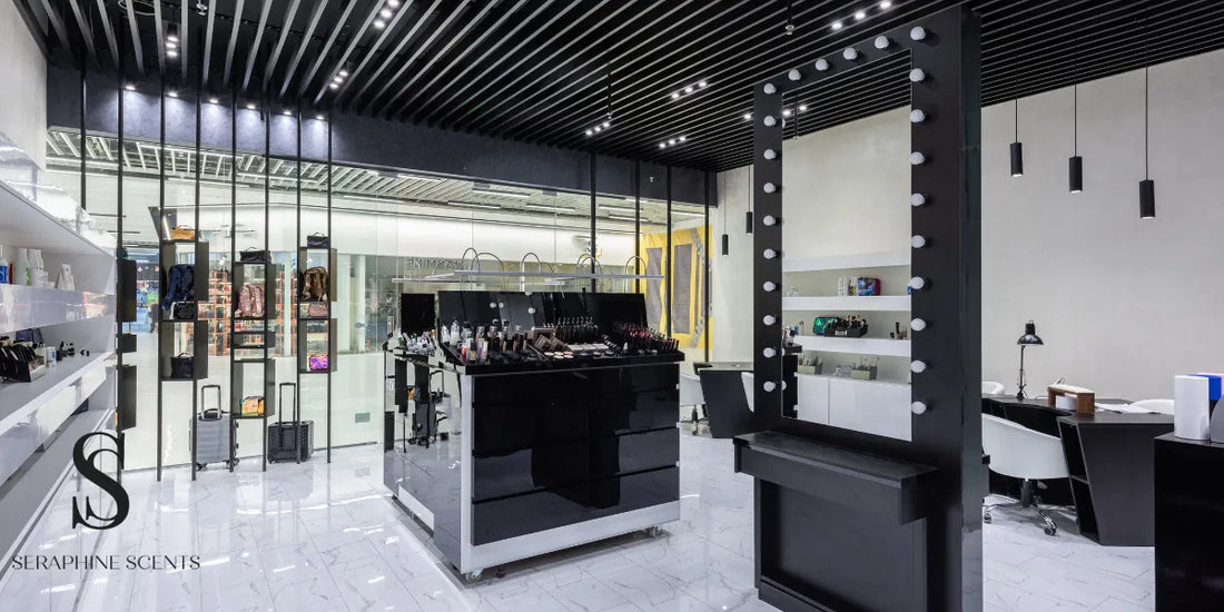Modern luxury perfume store interior with black and white décor and Seraphine Scents branding