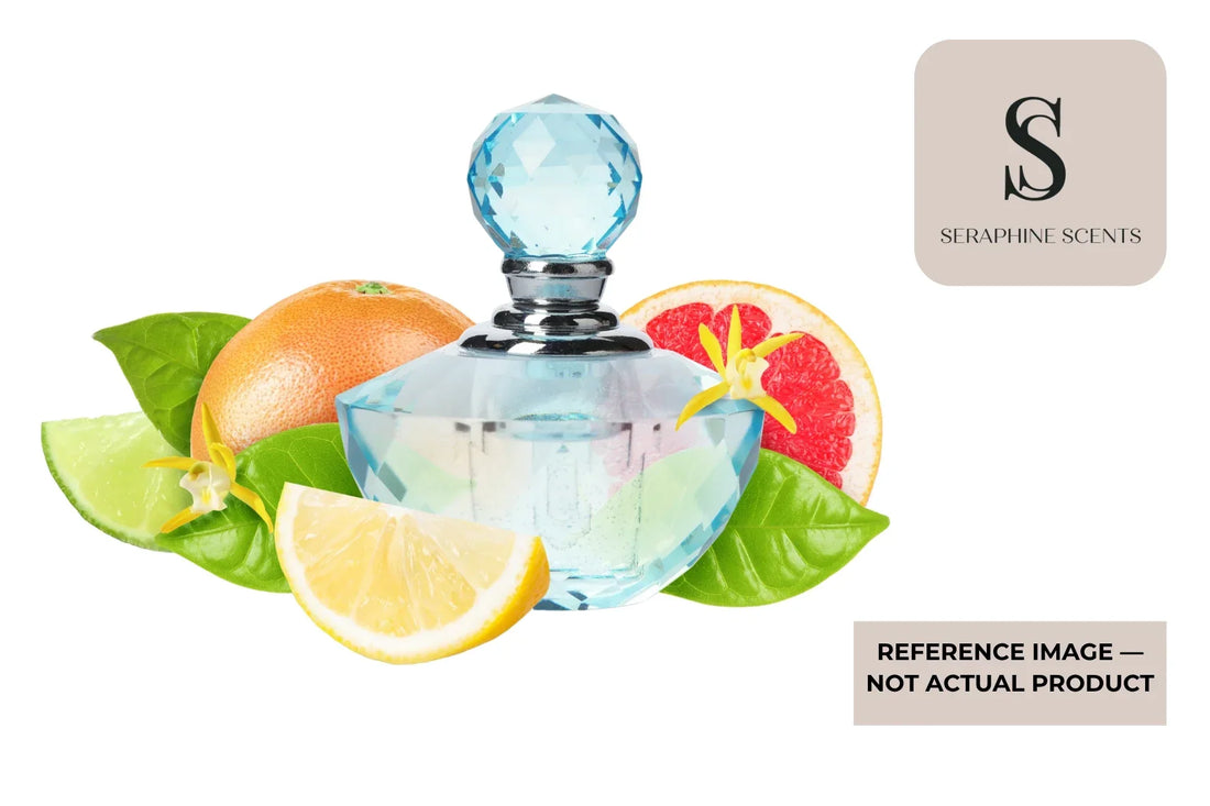 Xerjoff Erba Gold Perfume Singapore reference image featuring a blue luxury perfume bottle surrounded by fresh citrus fruits and green leaves.