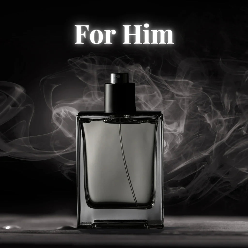 Luxury men’s perfume bottle with smoke background – For Him collection at Seraphine Scents Singapore