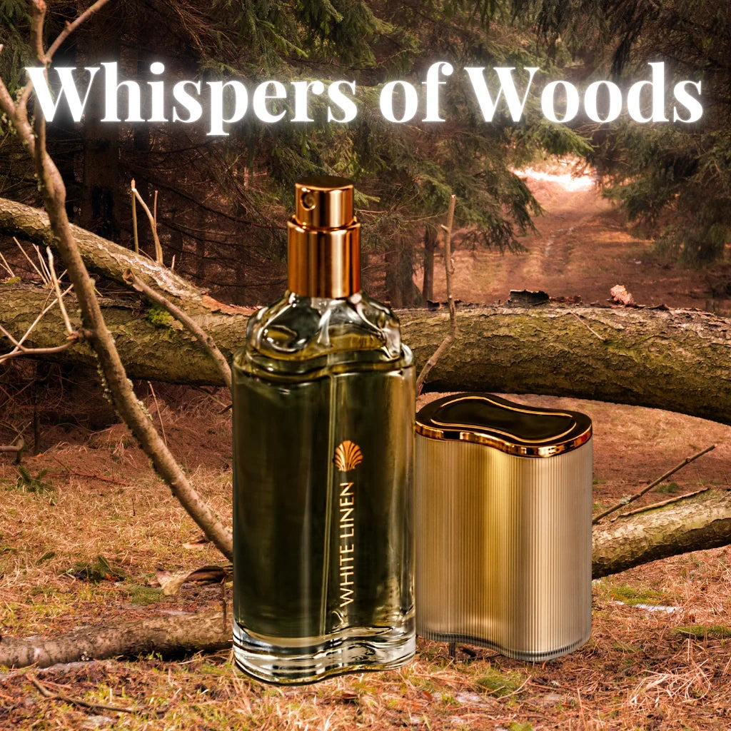 Whispers of Woods perfume collection at Seraphine Scents – luxury woody fragrances inspired by nature.