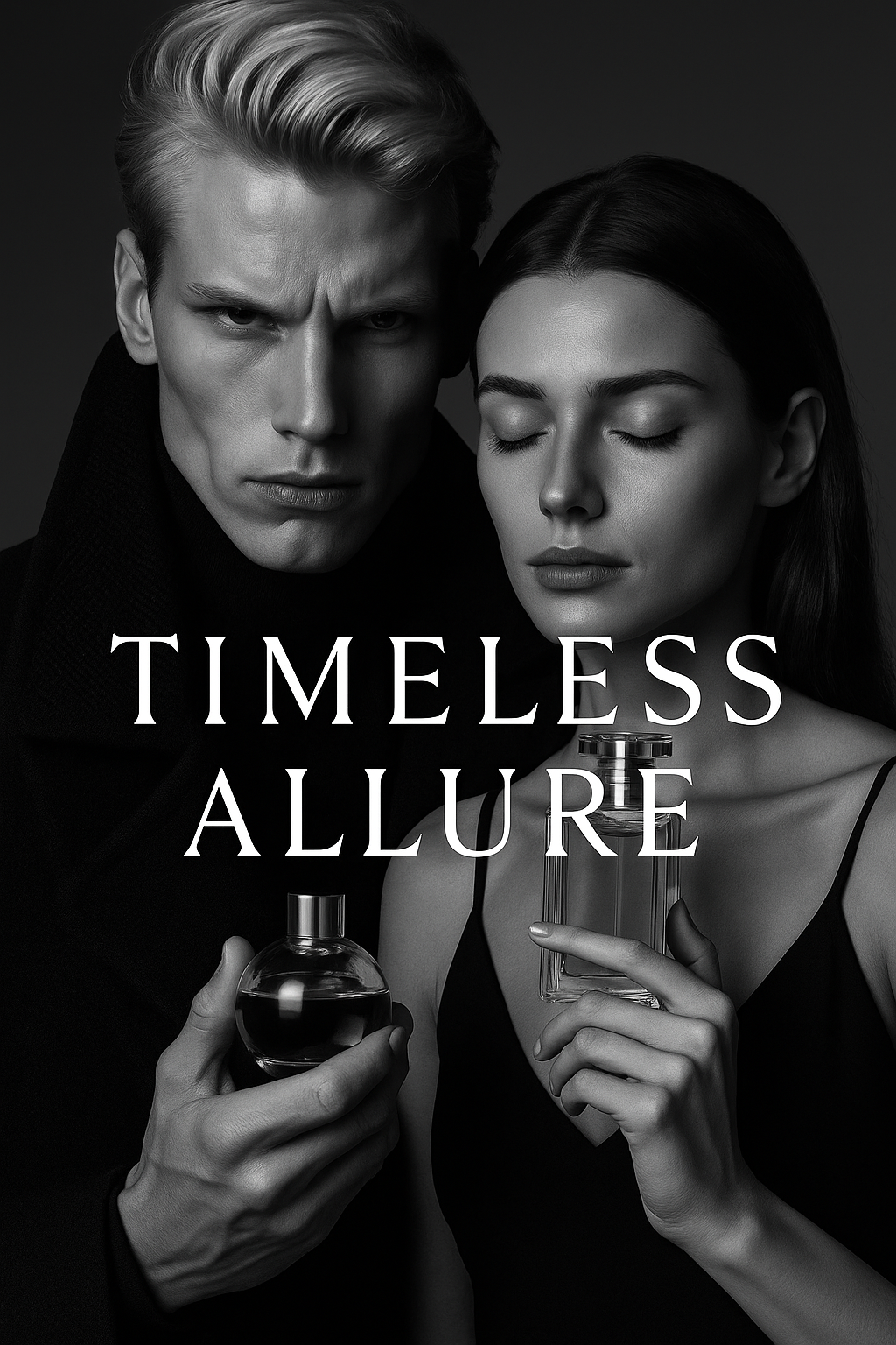 Luxury black and white perfume campaign featuring a confident man and elegant woman holding fragrance bottles with the text 'Timeless Allure'