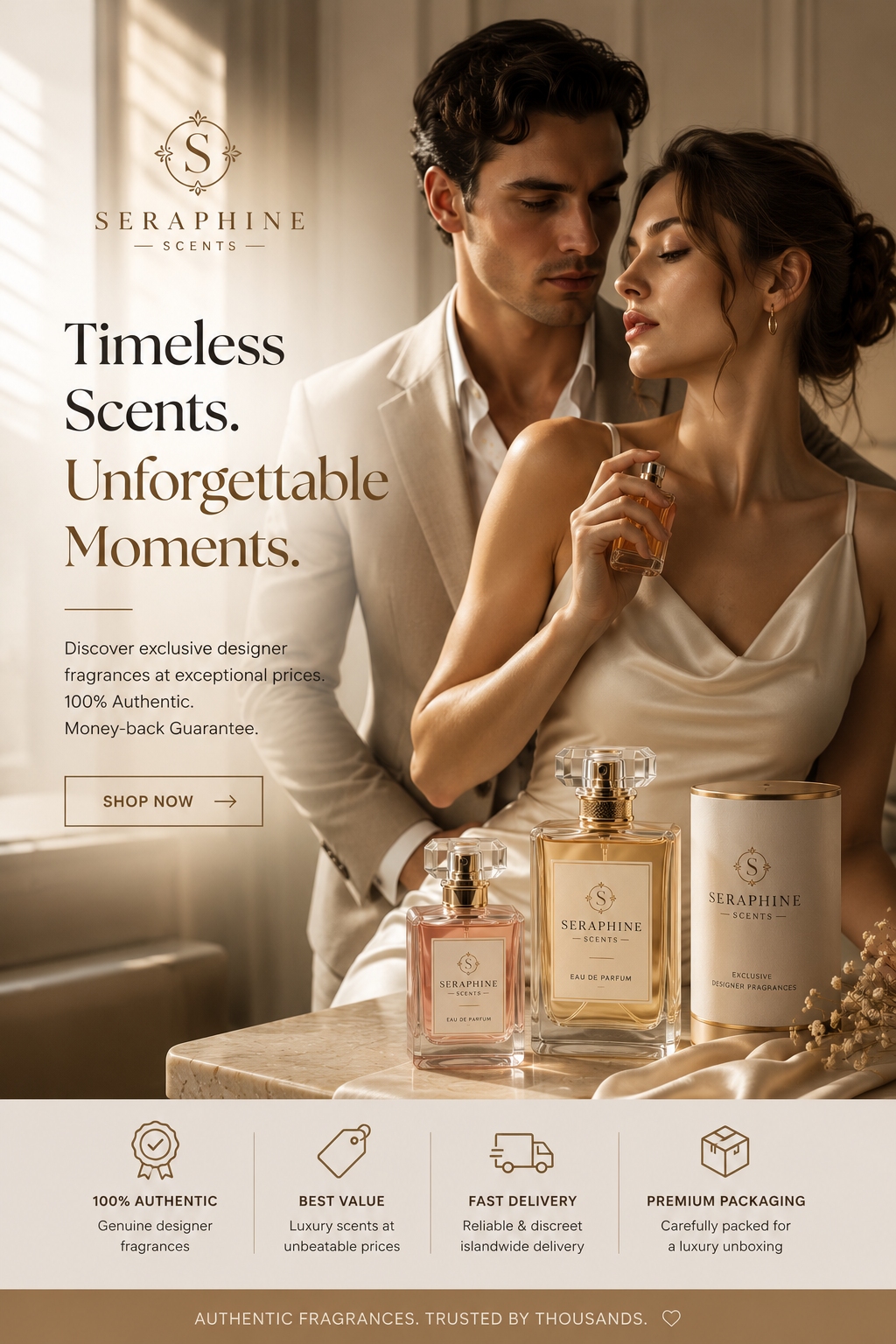A promotional fragrance ad for Seraphine Scents featuring a man and woman embracing, with several perfume bottles and a cylindrical bottle displayed on a table in the foreground. Large text reads 'Timeless Scents.