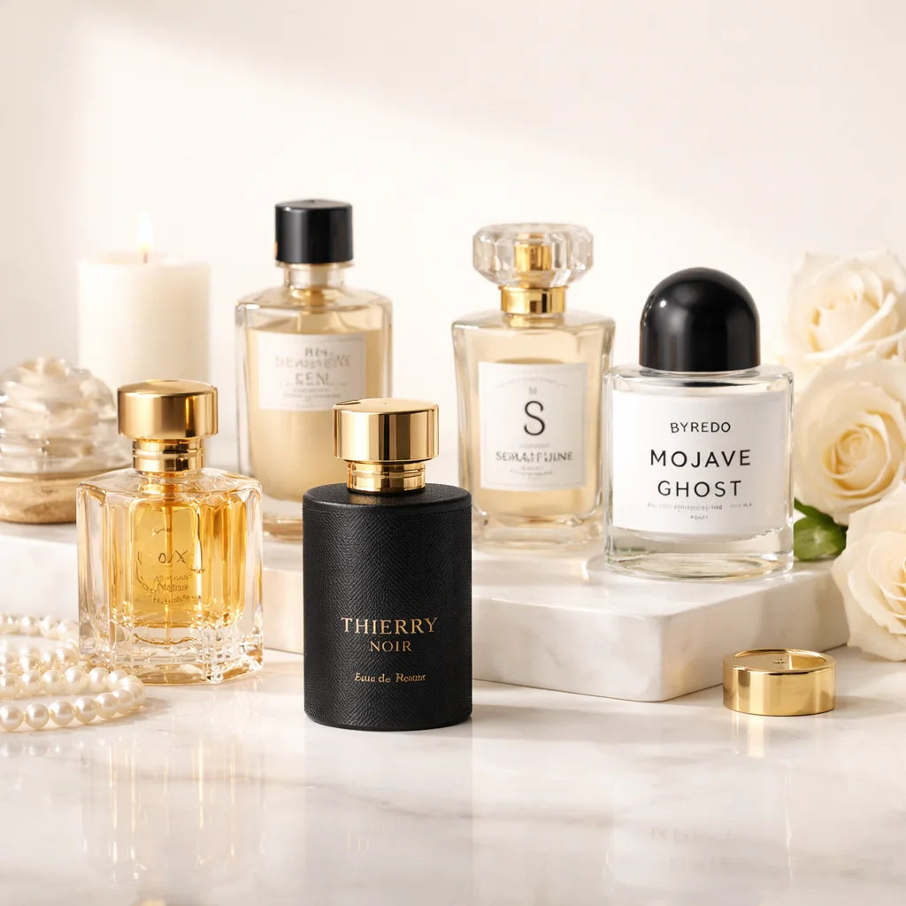 luxury perfume collection with elegant bottles on marble background soft lighting