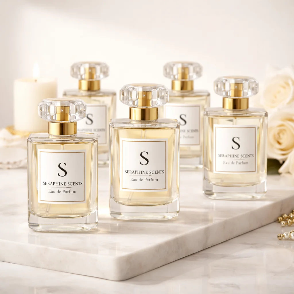 seraphine scents perfume luxury collection with elegant glass bottles on marble background